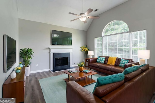 1404 Lancaster Ct, Mcdonough, GA 30252 - living area with dark wood finished floors, ceiling fan, high vaulted ceiling, and a fireplace with raised hearth
