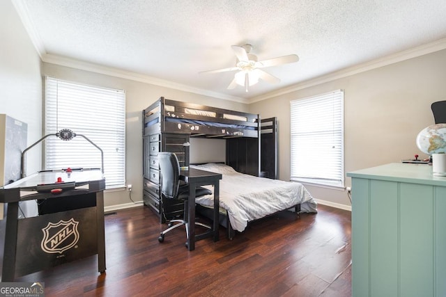 632 Chastain Pl, Macon, GA 31210 - bedroom featuring a textured ceiling, dark wood-style flooring, ornamental molding, and a ceiling fan