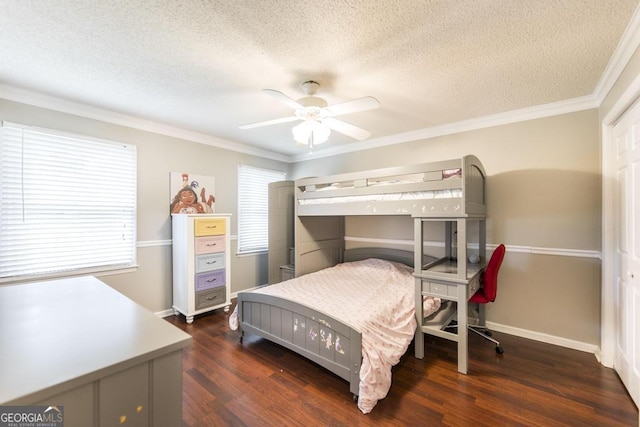 632 Chastain Pl, Macon, GA 31210 - bedroom featuring a textured ceiling, wood finished floors, ornamental molding, and a ceiling fan