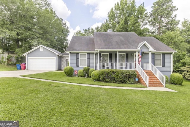 632 Chastain Pl, Macon, GA 31210 - view of front facade featuring covered porch, driveway, a front yard, a chimney, and an attached garage