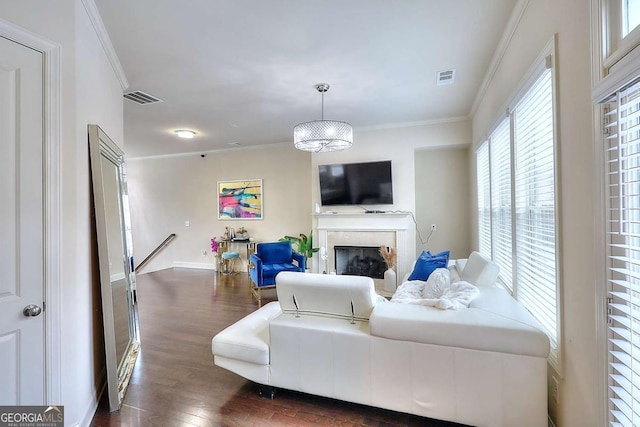1306 Harris Way, Brookhaven, GA 30319 - living area with ornamental molding, dark wood-style floors, and a fireplace