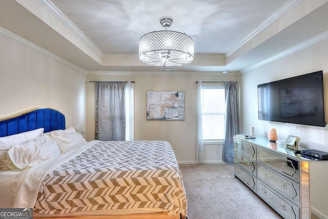 1306 Harris Way, Brookhaven, GA 30319 - bedroom featuring light carpet, a chandelier, a tray ceiling, and crown molding