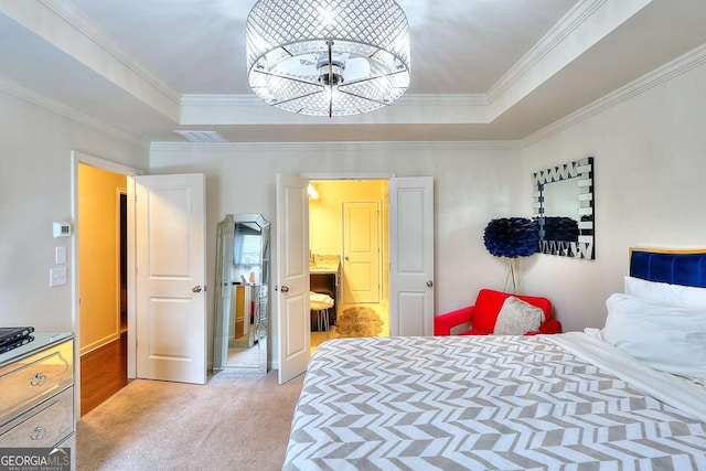 1306 Harris Way, Brookhaven, GA 30319 - bedroom featuring a raised ceiling, light colored carpet, crown molding, and a chandelier
