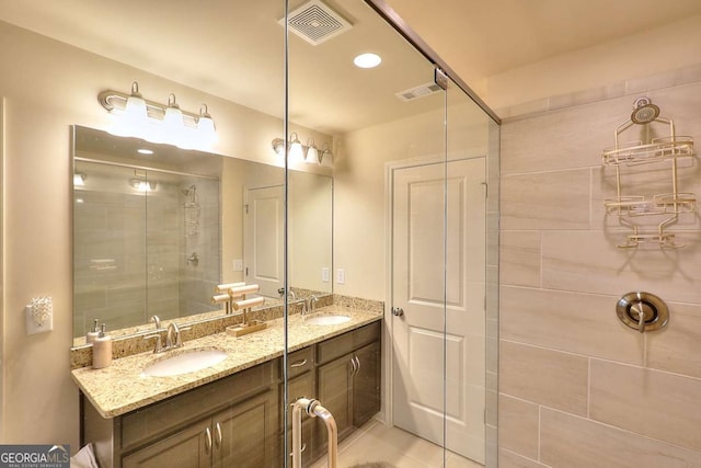1306 Harris Way, Brookhaven, GA 30319 - bathroom with double vanity, tiled shower, and tile patterned floors