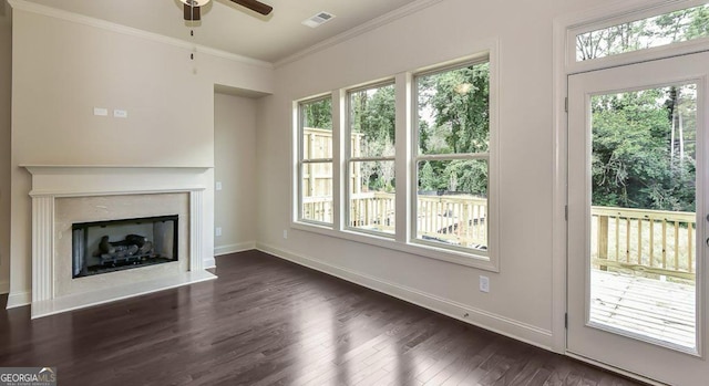 1306 Harris Way, Brookhaven, GA 30319 - unfurnished living room featuring dark wood-style flooring, ceiling fan, crown molding, and a fireplace