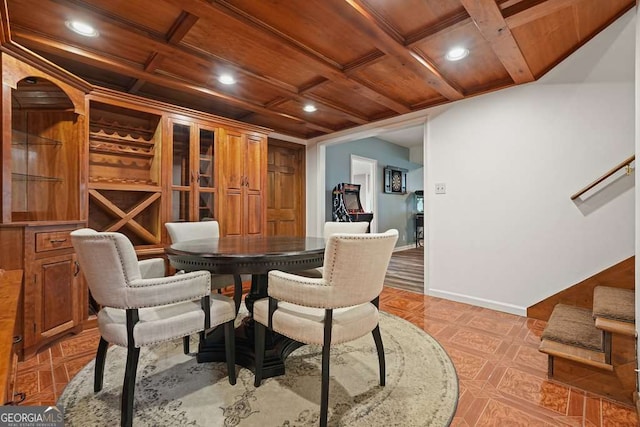627 Apache Trl, Woodstock, GA 30189 - dining space with wood ceiling, recessed lighting, stairway, and coffered ceiling