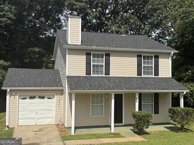 756 Glenshire Ct, Riverdale, GA 30274 - view of front of home featuring a garage, driveway, covered porch, a chimney, and a shingled roof