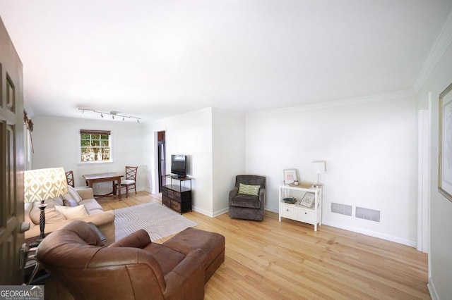 221 College Cir, Athens, GA 30605 - living room with light wood-style flooring, ornamental molding, and track lighting