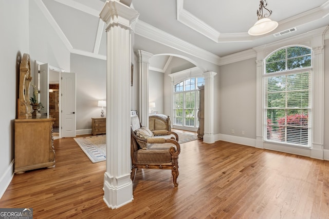 3410 Enclave Mill Ct, Dacula, GA 30019 - living area with ornate columns, arched walkways, wood finished floors, crown molding, and a tray ceiling