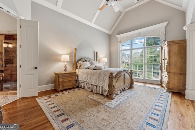 3410 Enclave Mill Ct, Dacula, GA 30019 - bedroom with high vaulted ceiling, light wood-style flooring, and a ceiling fan