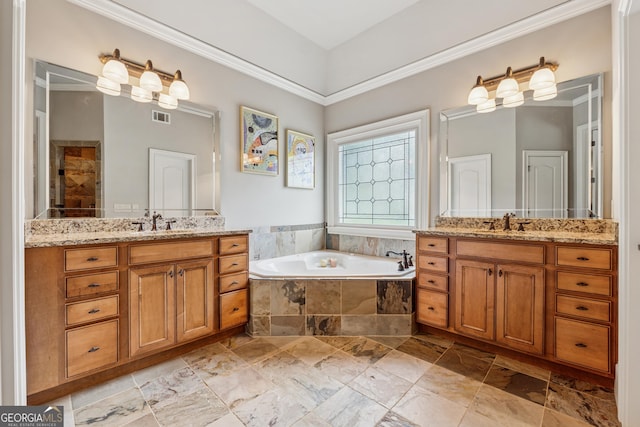 3410 Enclave Mill Ct, Dacula, GA 30019 - full bathroom featuring two vanities, a garden tub, and crown molding