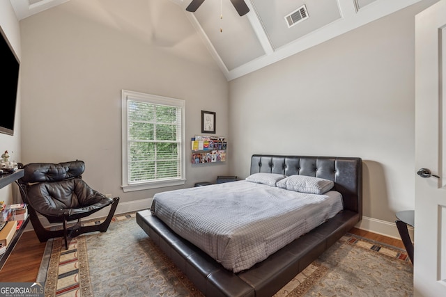 3410 Enclave Mill Ct, Dacula, GA 30019 - bedroom with wood finished floors, high vaulted ceiling, and a ceiling fan