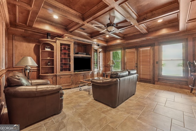 3410 Enclave Mill Ct, Dacula, GA 30019 - living area with a wood ceiling with exposed beams, wood walls, ceiling fan, and crown molding