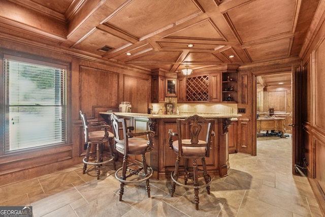 3410 Enclave Mill Ct, Dacula, GA 30019 - indoor bar with wooden ceiling, wood walls, backsplash, and coffered ceiling