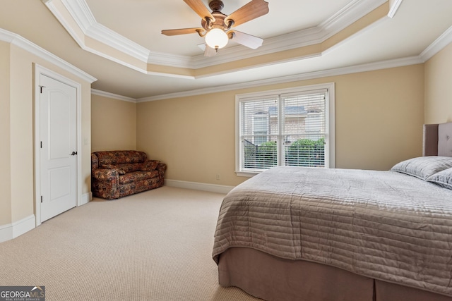3410 Enclave Mill Ct, Dacula, GA 30019 - bedroom featuring a raised ceiling, crown molding, carpet flooring, and ceiling fan