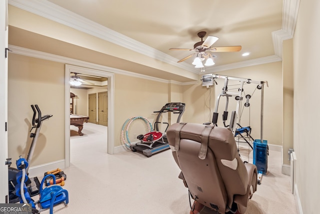 3410 Enclave Mill Ct, Dacula, GA 30019 - exercise room featuring ceiling fan, recessed lighting, crown molding, carpet, and billiards table