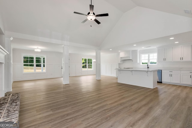 797 Ode Peppers Rd, Winder, GA 30680 - unfurnished living room featuring ornate columns, high vaulted ceiling, a decorative wall, ceiling fan, and a wainscoted wall