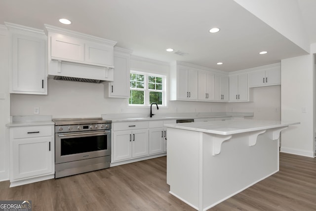 797 Ode Peppers Rd, Winder, GA 30680 - kitchen featuring stainless steel range with electric cooktop, white cabinetry, light countertops, wood finished floors, and recessed lighting