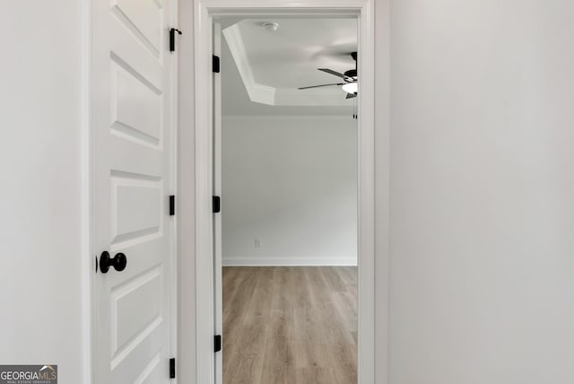 797 Ode Peppers Rd, Winder, GA 30680 - corridor with ornamental molding, a raised ceiling, and light wood finished floors