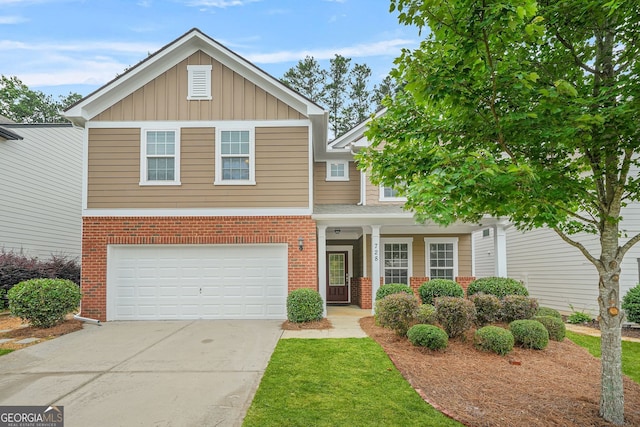 728 Lorimore Pass, Canton, GA 30115 - view of front of home featuring brick siding, a garage, concrete driveway, board and batten siding, and a porch