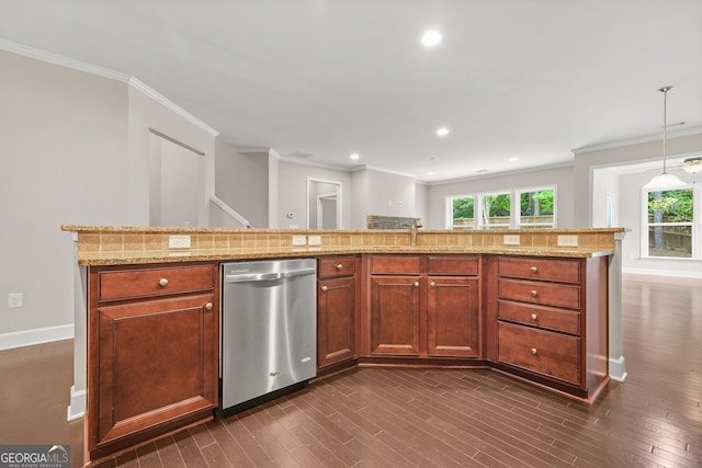 728 Lorimore Pass, Canton, GA 30115 - kitchen featuring stainless steel dishwasher, ornamental molding, dark wood-style flooring, light stone countertops, and hanging light fixtures