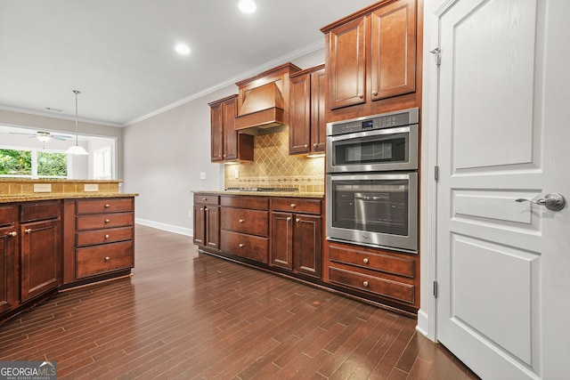 728 Lorimore Pass, Canton, GA 30115 - kitchen with custom exhaust hood, decorative backsplash, crown molding, stainless steel appliances, and light stone countertops