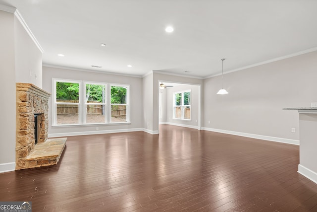 728 Lorimore Pass, Canton, GA 30115 - unfurnished living room featuring ornamental molding, a fireplace, dark wood-type flooring, ceiling fan, and recessed lighting