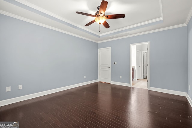 728 Lorimore Pass, Canton, GA 30115 - empty room with a tray ceiling, a ceiling fan, wood-type flooring, and crown molding