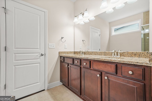 728 Lorimore Pass, Canton, GA 30115 - bathroom with double vanity, a shower with shower door, and tile patterned flooring