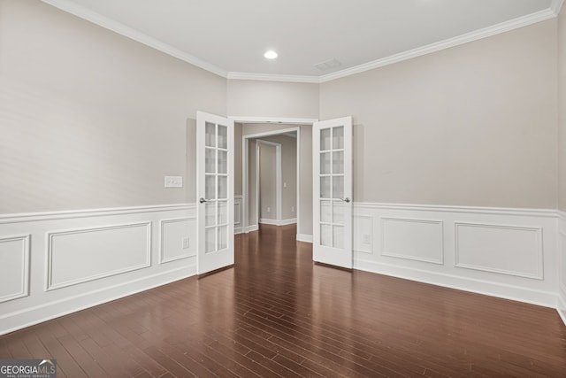 728 Lorimore Pass, Canton, GA 30115 - unfurnished room featuring french doors, crown molding, wainscoting, wood finished floors, and recessed lighting