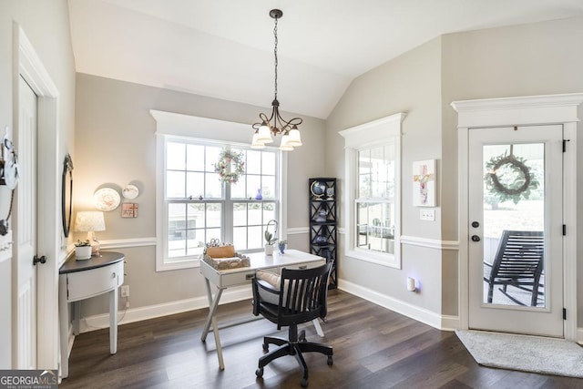 2303 Quail Ridge Ln, Perry, GA 31069 - dining space featuring dark wood-type flooring, a chandelier, vaulted ceiling, and an office area