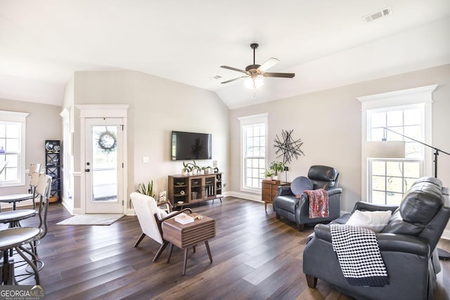 2303 Quail Ridge Ln, Perry, GA 31069 - living area featuring lofted ceiling, ceiling fan, and dark wood finished floors