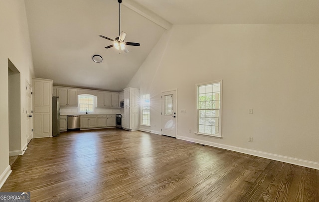 83 Austin Ct, Dahlonega, GA 30533 - unfurnished living room featuring high vaulted ceiling, ceiling fan, beam ceiling, and dark wood-style flooring