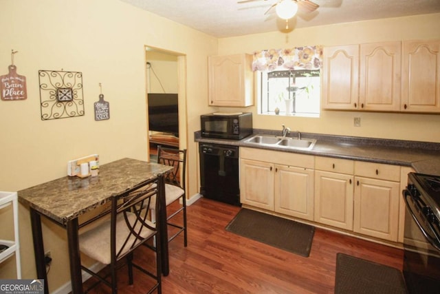 125 Pebble Beach Ct, Atlanta, GA 30349 - kitchen with black appliances, ceiling fan, light brown cabinetry, and dark wood-style floors