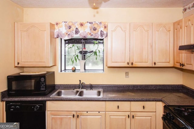 125 Pebble Beach Ct, Atlanta, GA 30349 - kitchen featuring black appliances, light brown cabinets, and dark countertops