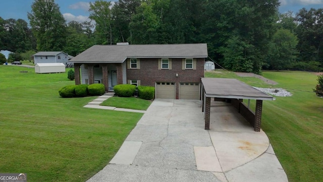 125 Pebble Beach Ct, Atlanta, GA 30349 - raised ranch with driveway, a front yard, a garage, and brick siding