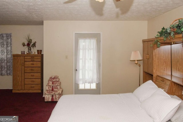 125 Pebble Beach Ct, Atlanta, GA 30349 - bedroom with a textured ceiling, dark carpet, and a ceiling fan