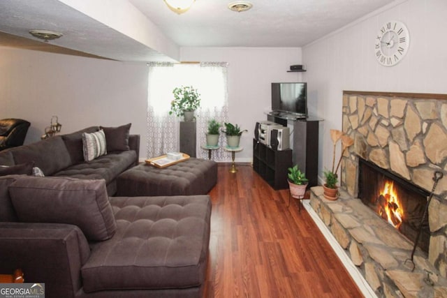 125 Pebble Beach Ct, Atlanta, GA 30349 - living area with wood finished floors, a stone fireplace, and ornamental molding