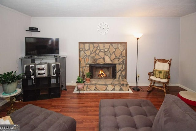 125 Pebble Beach Ct, Atlanta, GA 30349 - living room featuring wood finished floors, a stone fireplace, and crown molding