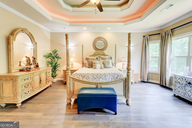 805 Cog Hl, Mcdonough, GA 30253 - bedroom featuring a tray ceiling, ornamental molding, and wood finished floors