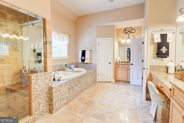 805 Cog Hl, Mcdonough, GA 30253 - full bathroom featuring a garden tub, a shower stall, and vanity