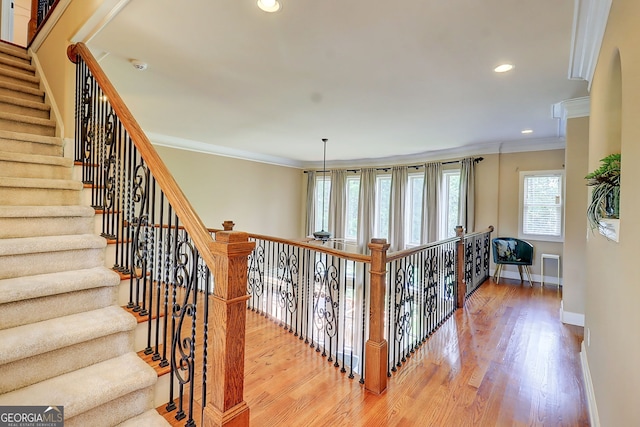 805 Cog Hl, Mcdonough, GA 30253 - staircase with wood finished floors, ornamental molding, and recessed lighting