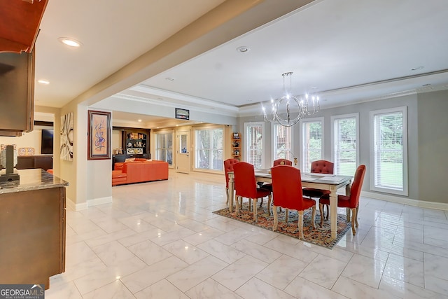 805 Cog Hl, Mcdonough, GA 30253 - dining room featuring a chandelier, ornamental molding, light marble finish flooring, and recessed lighting