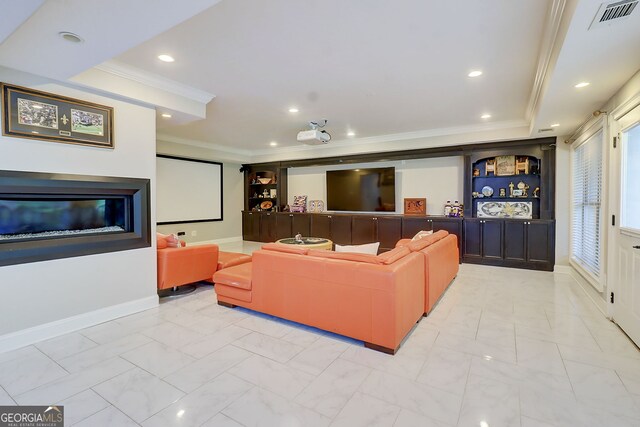 805 Cog Hl, Mcdonough, GA 30253 - home theater room featuring ornamental molding, light marble finish floors, and recessed lighting