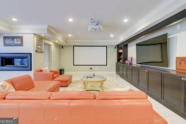 805 Cog Hl, Mcdonough, GA 30253 - home theater room featuring ornamental molding, a glass covered fireplace, and recessed lighting