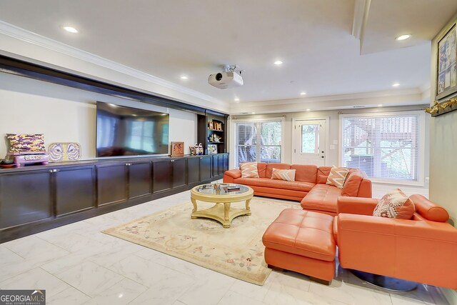 805 Cog Hl, Mcdonough, GA 30253 - living room with ornamental molding, recessed lighting, and light marble finish floors