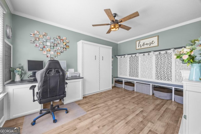 89 Crestview Dr, Guyton, GA 31312 - office area featuring light wood finished floors, ornamental molding, and ceiling fan