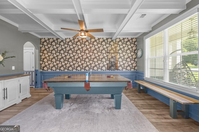 89 Crestview Dr, Guyton, GA 31312 - game room featuring wood finished floors, coffered ceiling, ceiling fan, beamed ceiling, and arched walkways
