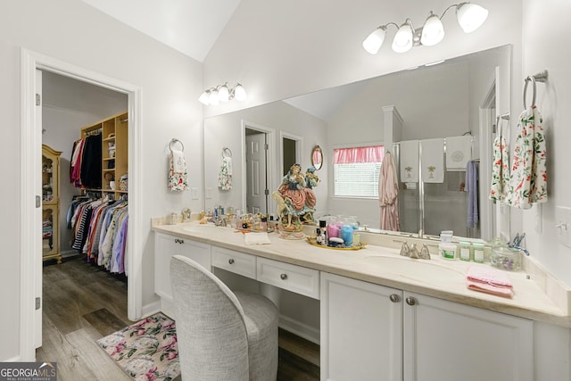 58 Lilyfield Ln, Acworth, GA 30101 - full bathroom featuring lofted ceiling, double vanity, a shower stall, wood finished floors, and a spacious closet