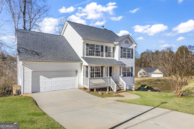 8810 Brookhurst Trl, Gainesville, GA 30506 - traditional-style home with covered porch, concrete driveway, a garage, a front lawn, and a shingled roof